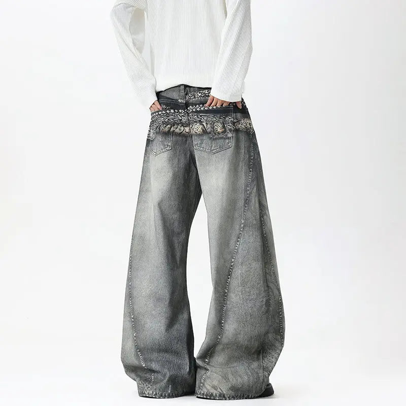 Gray Belt Print Baggy Jeans