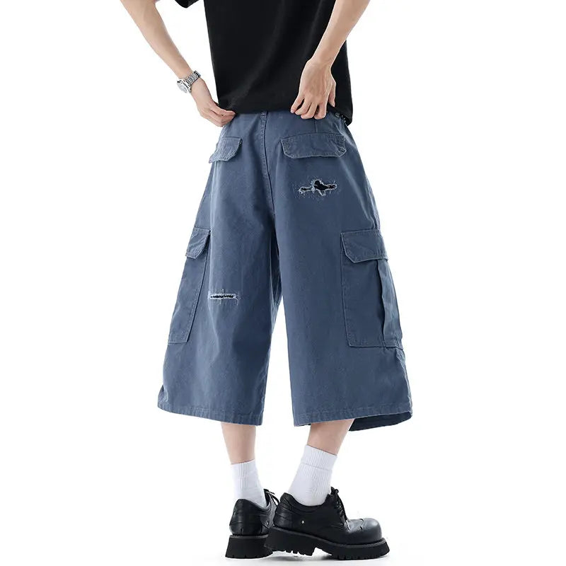 Blue Distressed Baggy Long Cargo Shorts