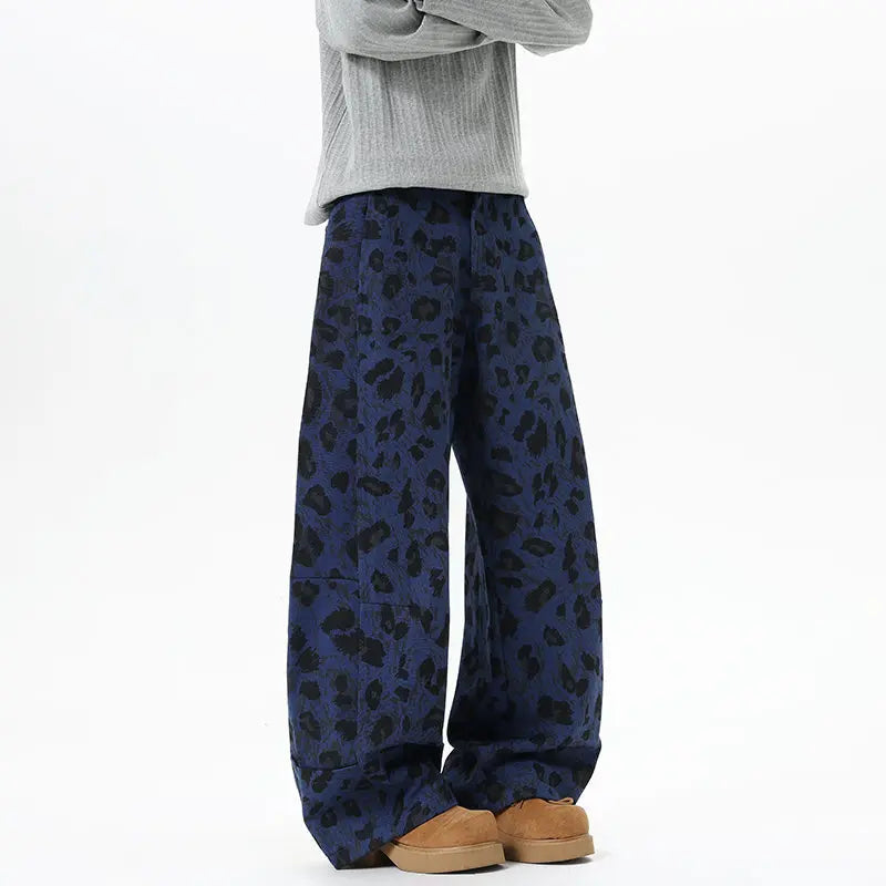 Blue Leopard Print Baggy Jeans