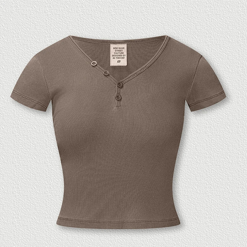 Womens Short Sleeve V-Neck Henley T-Shirt