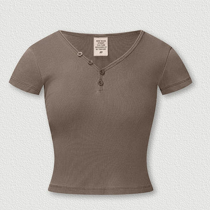Womens Short Sleeve V-Neck Henley T-Shirt