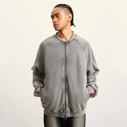 Faded Double Zip Up Fleece Bomber Jacket