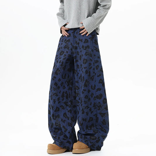 Blue Leopard Print Baggy Jeans
