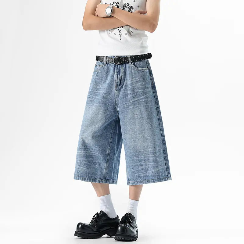 Whiskered Blue Denim Baggy Long Jorts