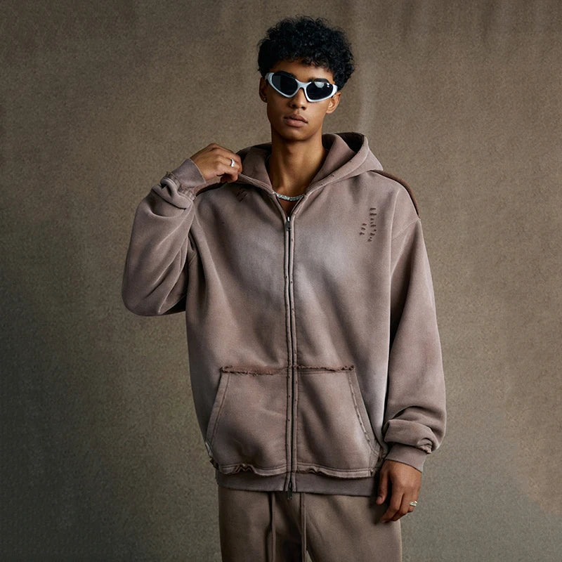 Faded & Distressed Double Zip Up Hoodie