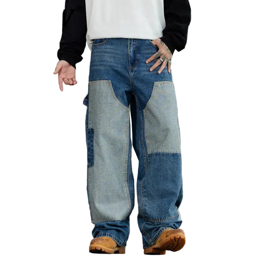Patchwork Double Knee Baggy Jeans