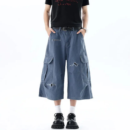 Blue Distressed Baggy Long Cargo Shorts