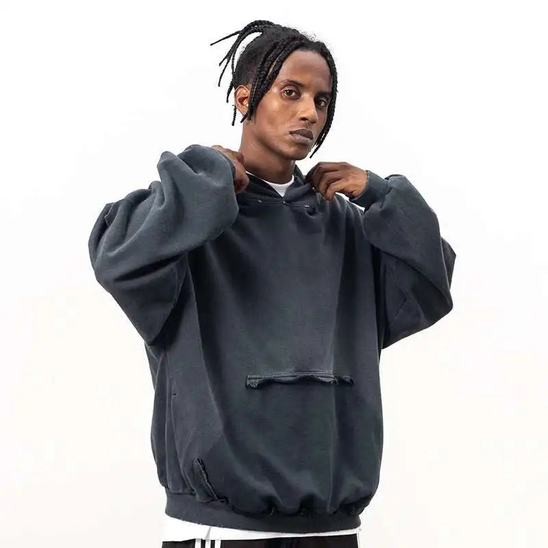 Gray Ripped Pocket Hoodie