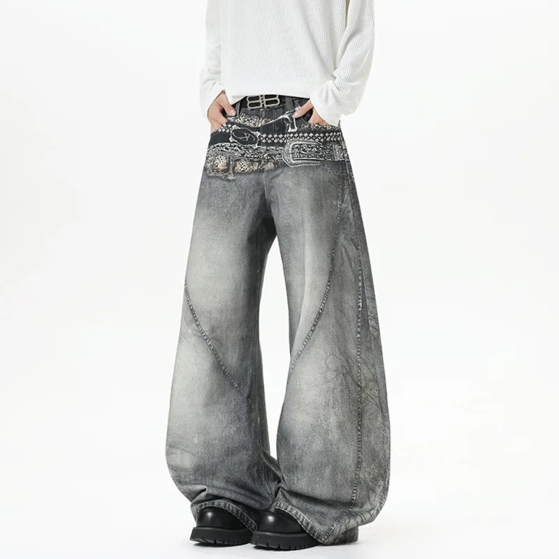 Gray Belt Print Baggy Jeans