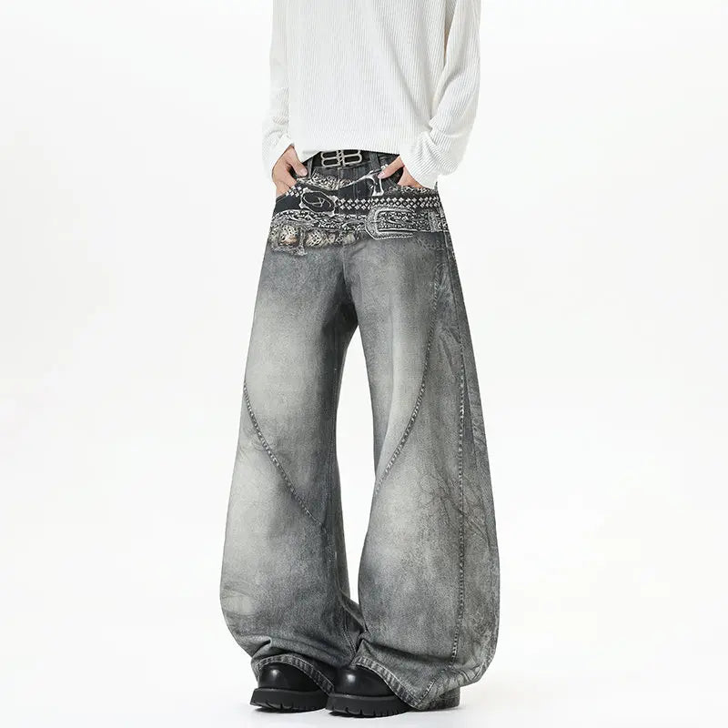 Gray Belt Print Baggy Jeans