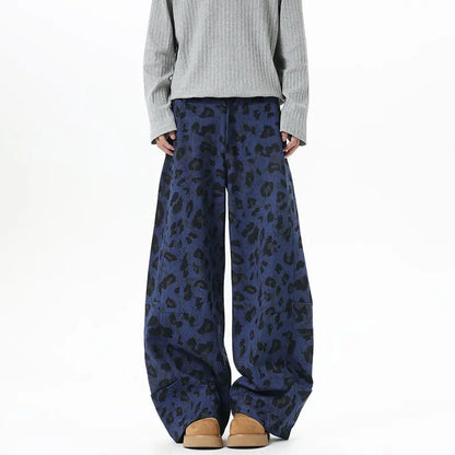 Blue Leopard Print Baggy Jeans