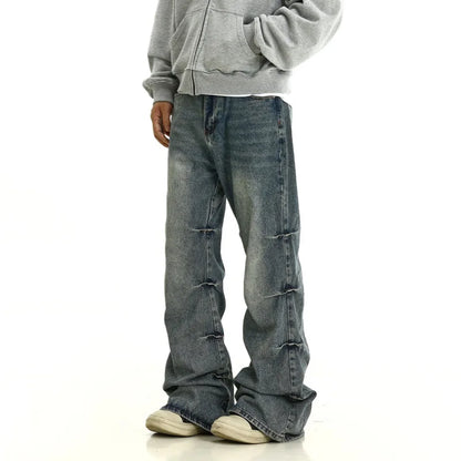 Faded Blue Scrunched Straight Leg Jeans