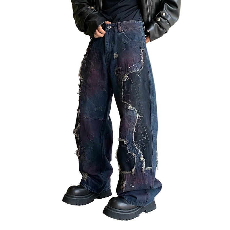 Blue Burned Baggy Jeans