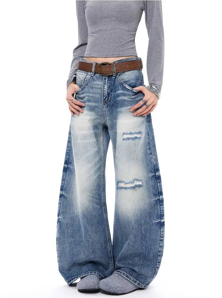 Blue Faded & Distressed Baggy Jeans