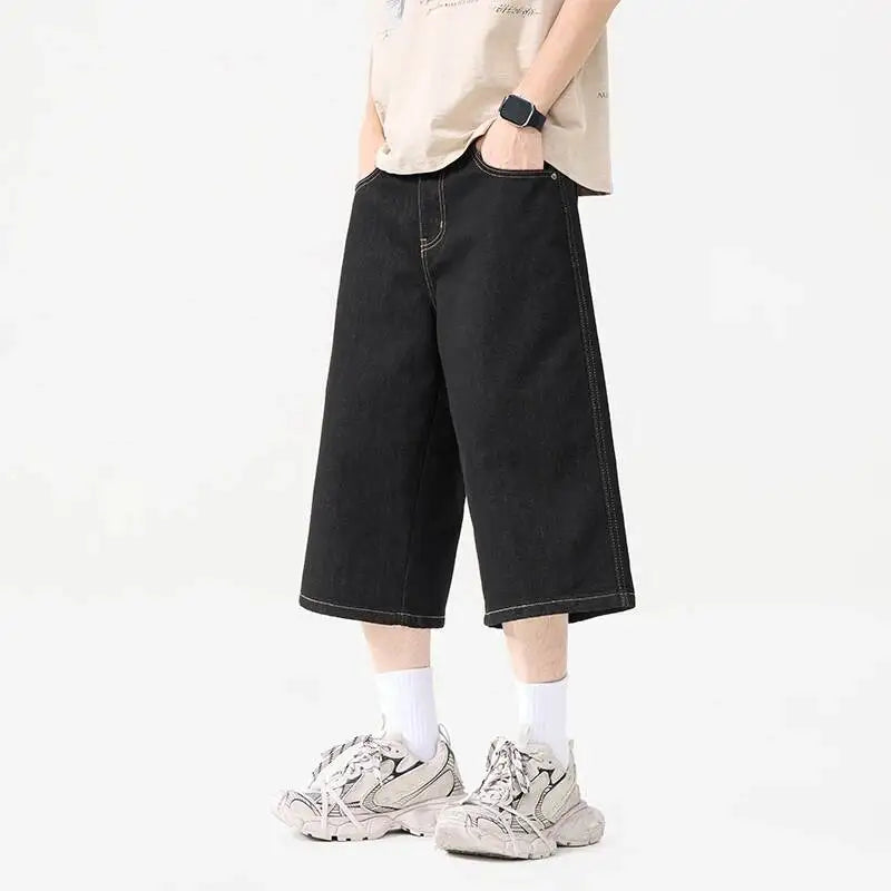 Black Raw Denim Baggy Long Jorts
