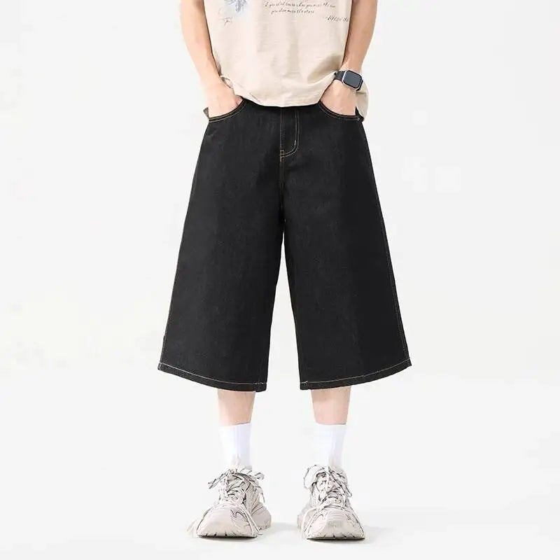 Black Raw Denim Baggy Long Jorts