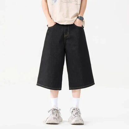 Black Raw Denim Baggy Long Jorts