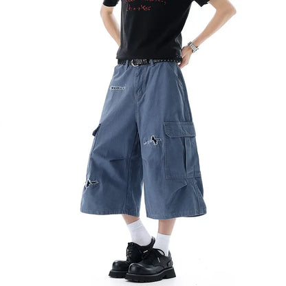 Blue Distressed Baggy Long Cargo Shorts