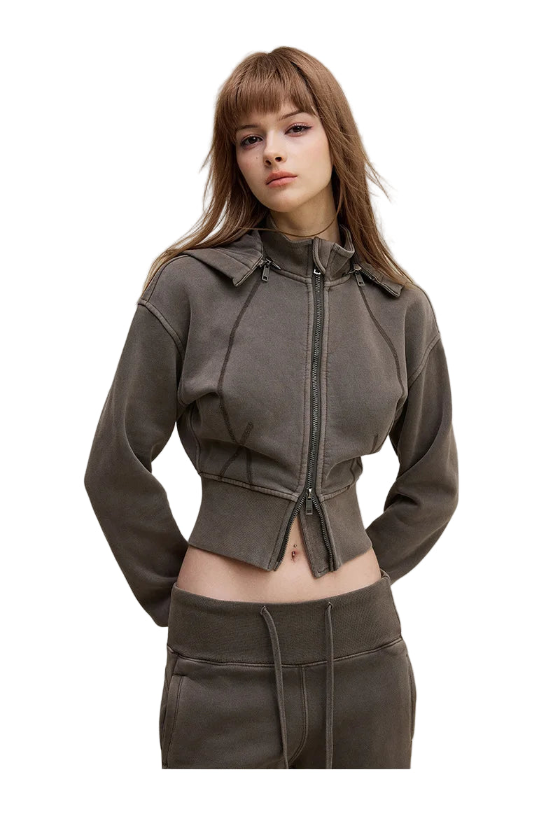 Womens Detachable Hood Cropped Double Zip Up Sweatshirt