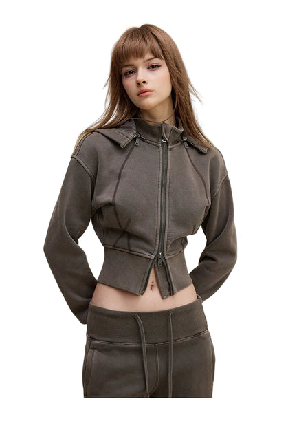 Womens Detachable Hood Cropped Double Zip Up Sweatshirt