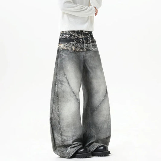 Gray Belt Print Baggy Jeans