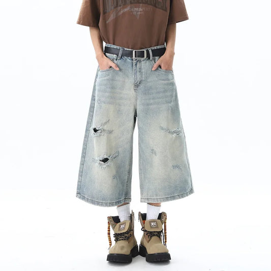 Distressed Light Blue Baggy Long Jorts