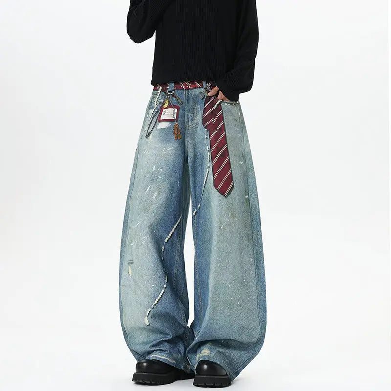 Blue Tie Print Baggy Jeans
