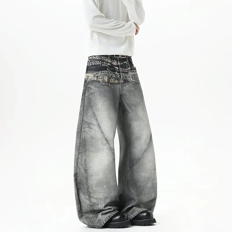 Gray Belt Print Baggy Jeans