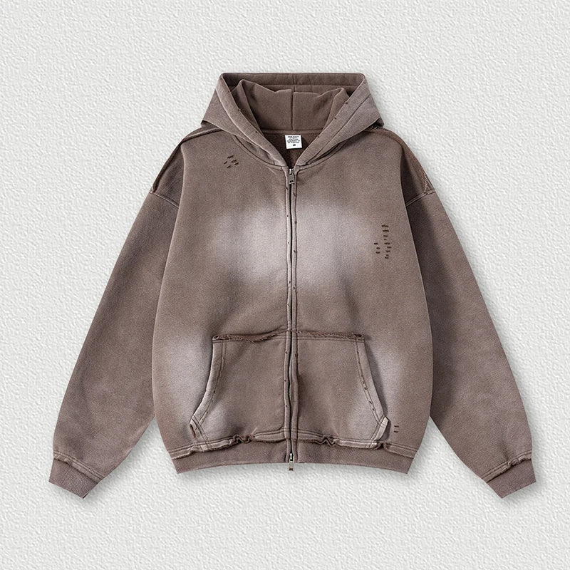 Faded & Distressed Double Zip Up Hoodie