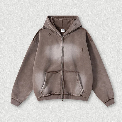 Faded & Distressed Double Zip Up Hoodie