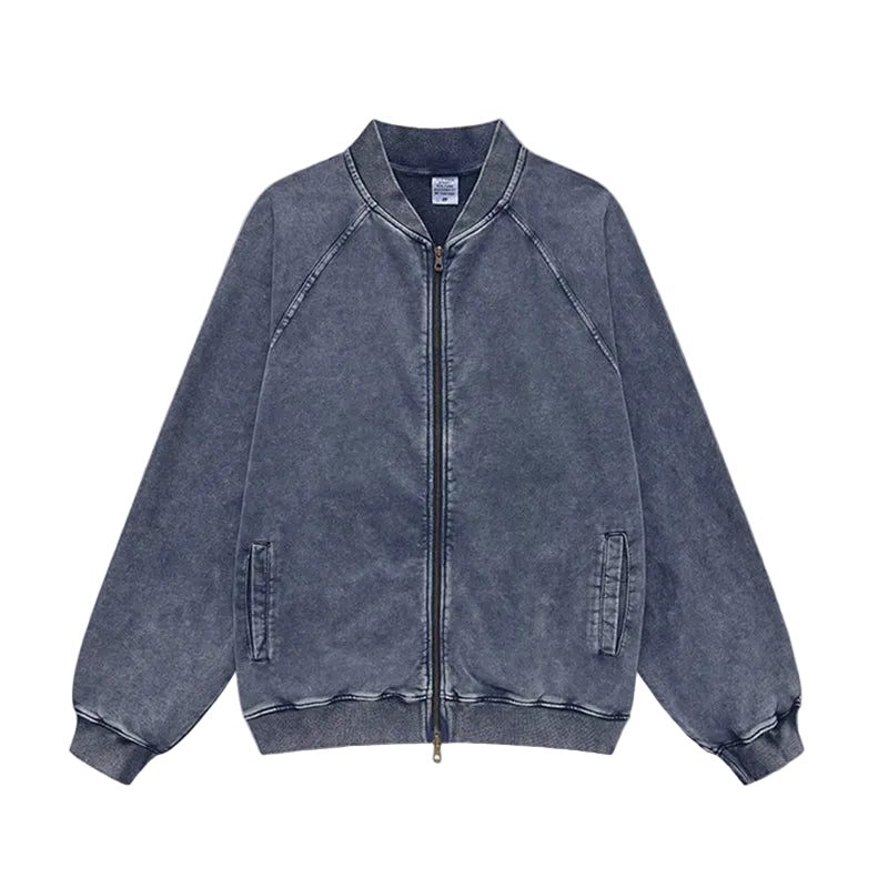 Faded Double Zip Up Fleece Bomber Jacket