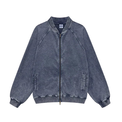 Faded Double Zip Up Fleece Bomber Jacket