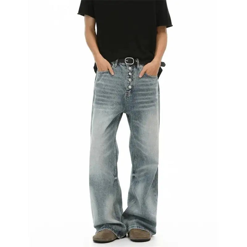 Vintage Blue Button Fly Wide Leg Jeans