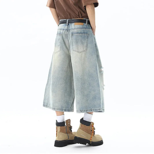 Distressed Light Blue Baggy Long Jorts