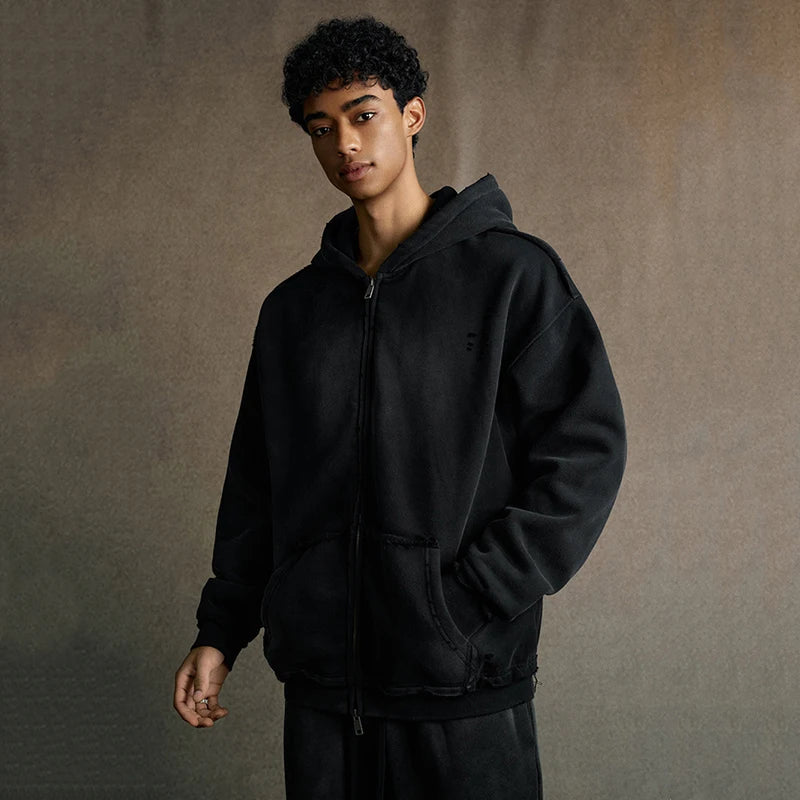 Faded & Distressed Double Zip Up Hoodie
