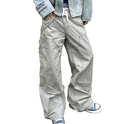 Gray Double Knee Paint-Splattered Carpenter Baggy Jeans