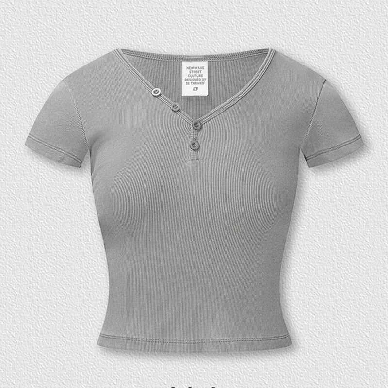 Womens Short Sleeve V-Neck Henley T-Shirt
