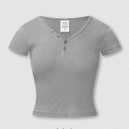 Womens Short Sleeve V-Neck Henley T-Shirt