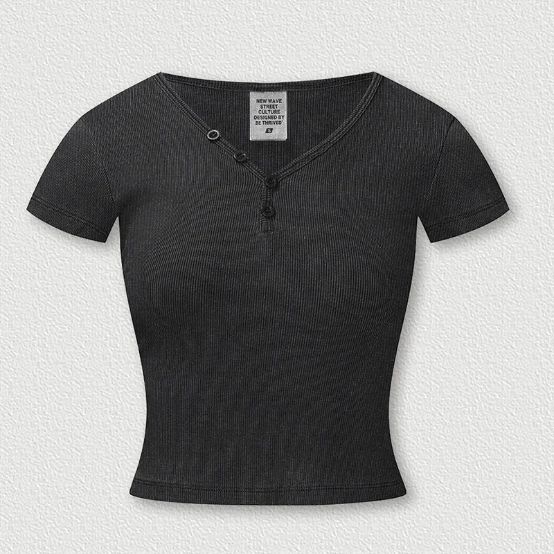 Womens Short Sleeve V-Neck Henley T-Shirt