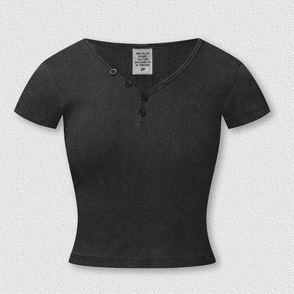 Womens Short Sleeve V-Neck Henley T-Shirt