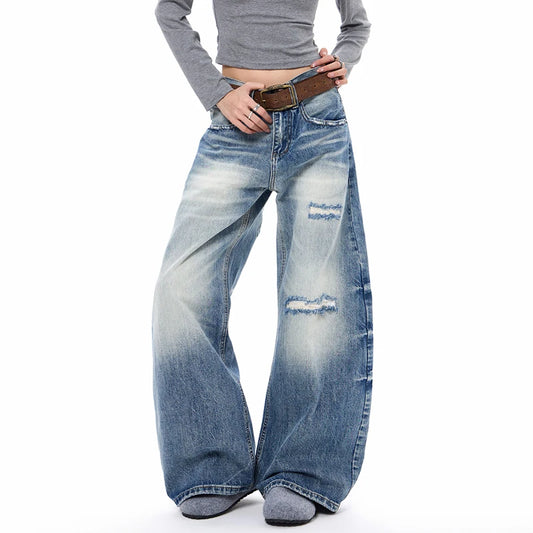 Blue Faded & Distressed Baggy Jeans