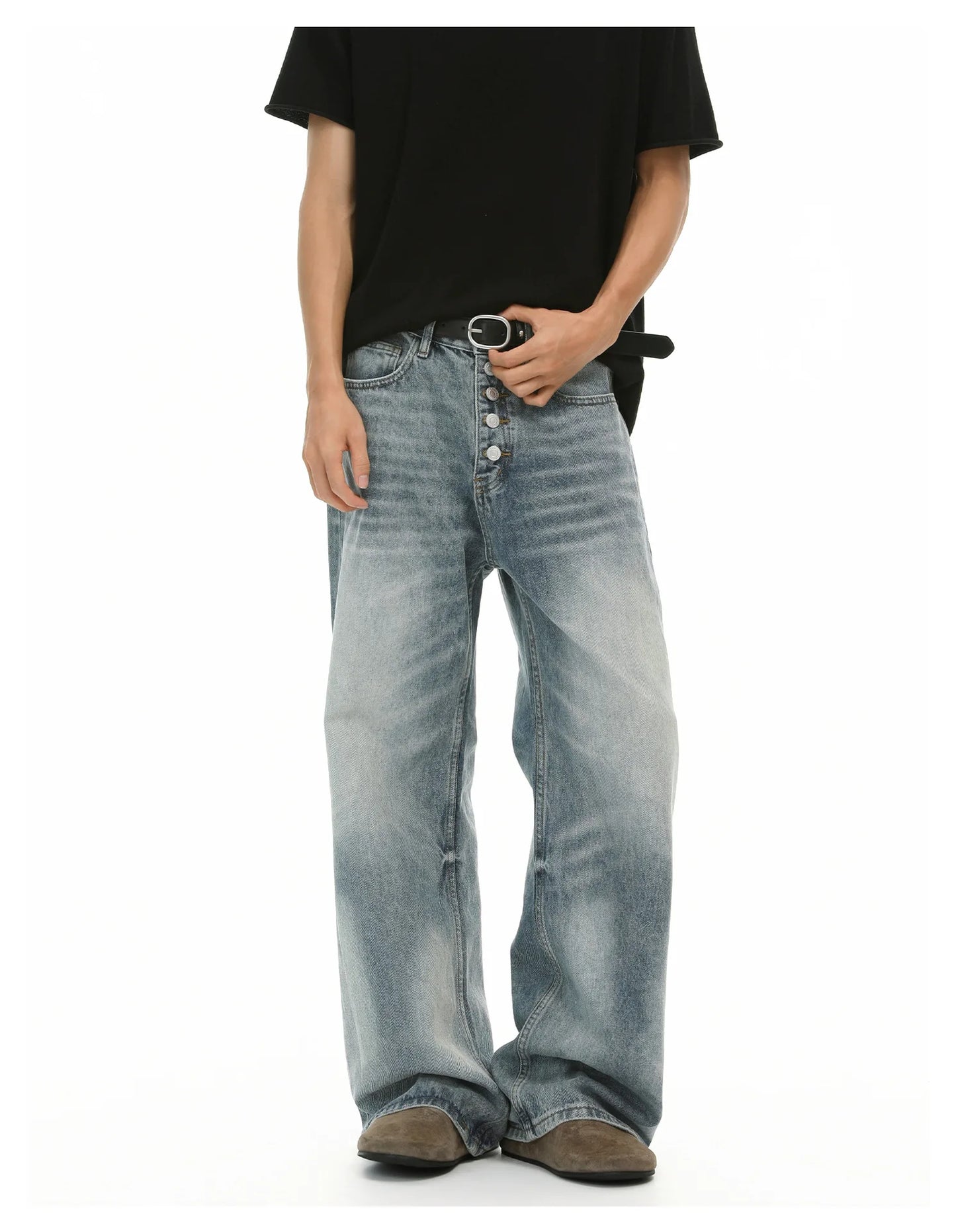 Vintage Blue Button Fly Wide Leg Jeans