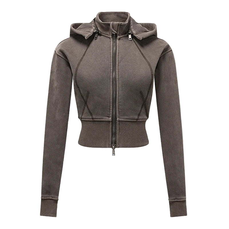 Womens Detachable Hood Cropped Double Zip Up Sweatshirt