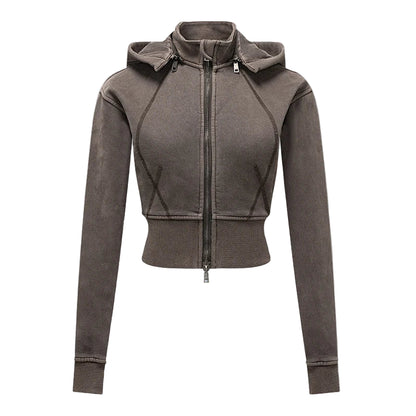 Womens Detachable Hood Cropped Double Zip Up Sweatshirt