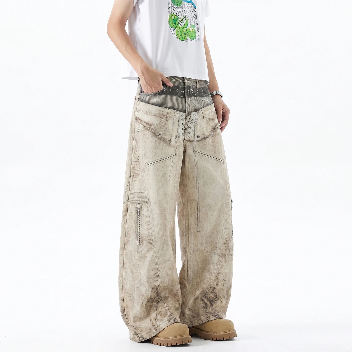 Graphic Belt & Laced Baggy Jeans