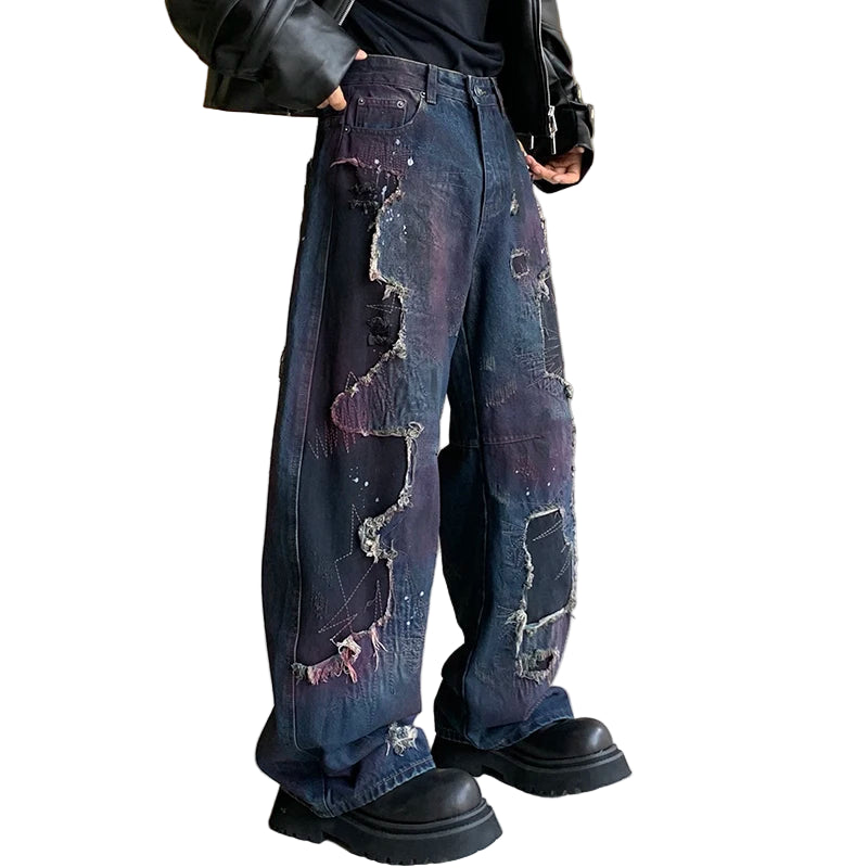 Blue Burned Baggy Jeans