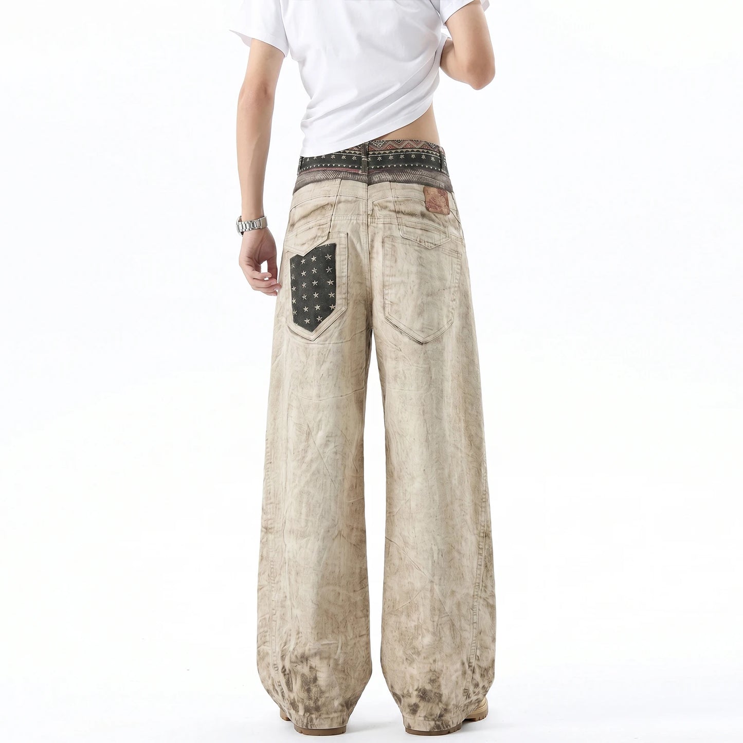 Graphic Belt & Laced Baggy Jeans