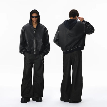 Vintage Hooded Leather Zip Up Jacket