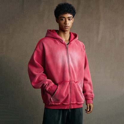 Faded & Distressed Double Zip Up Hoodie