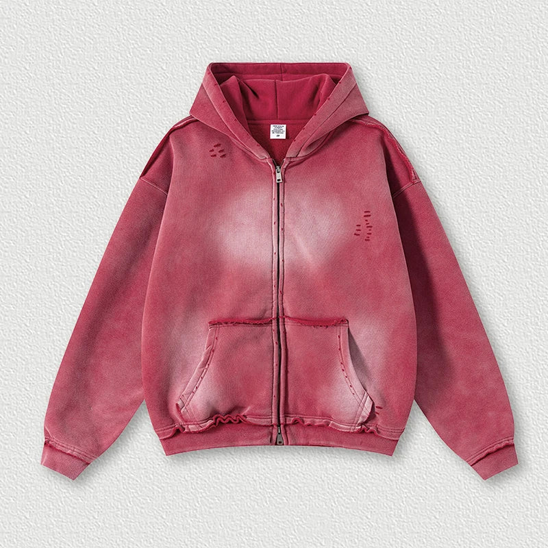 Faded & Distressed Double Zip Up Hoodie